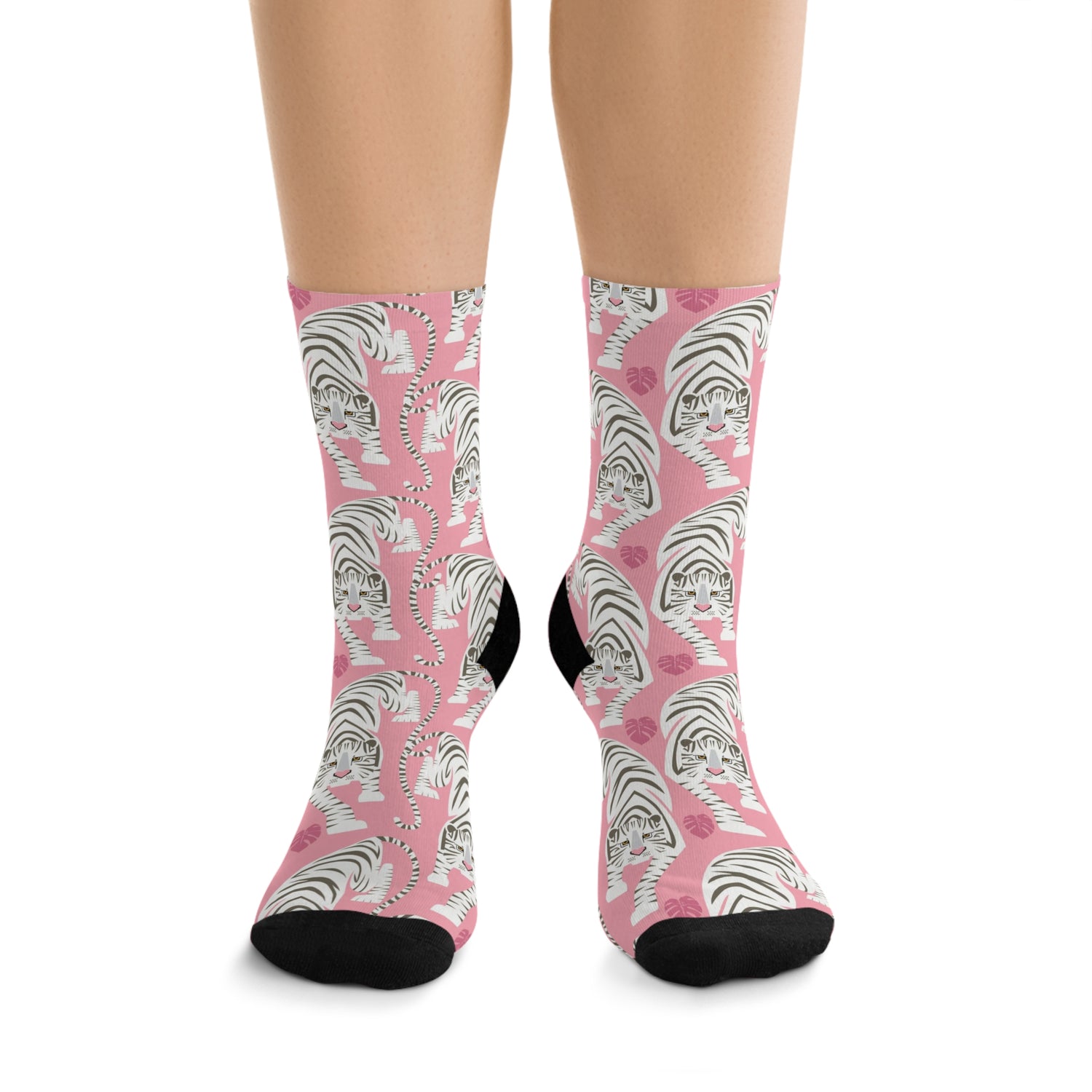 Feline Ferocious. Pink Socks with White Tiger